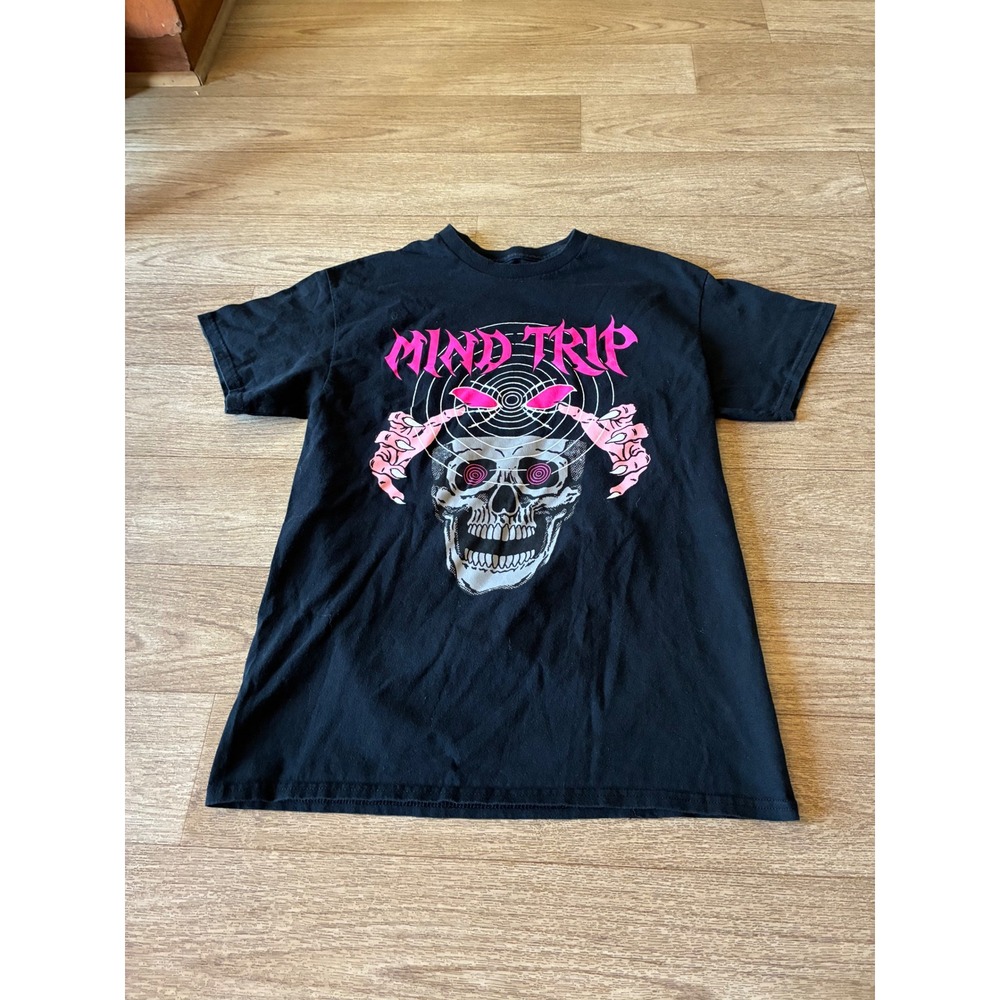 Grim Days Mind Trip Skull Graphic T-Shirt Mens Medium Black Pink Psychedelic Tee